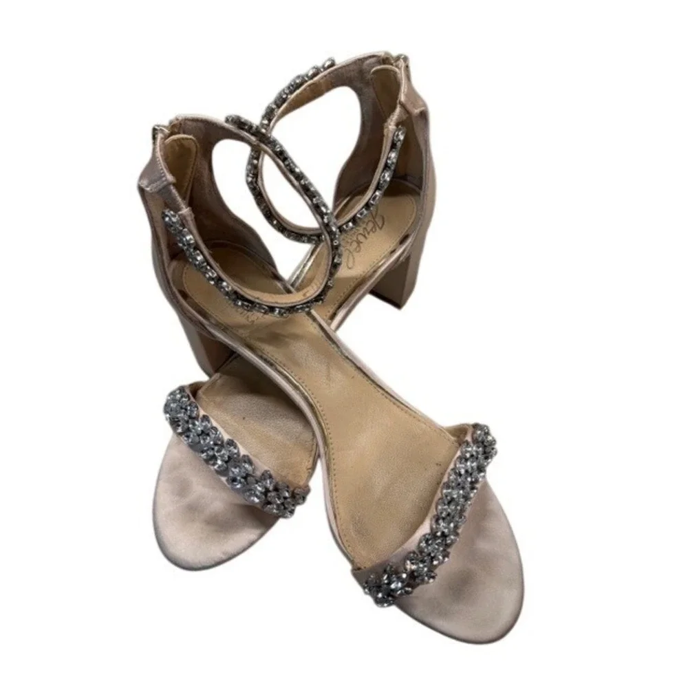 Jewel Badgley Mischka Satin Embellished Ankle Strap Heels‎ Rose Gold Size 8.5
